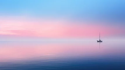 Zelfklevend Fotobehang Serene sea at dawn with a solitary sailboat and pastel-colored sky © Artyom