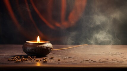 A lit candle and incense stick emitting smoke on a wooden surface - obrazy, fototapety, plakaty