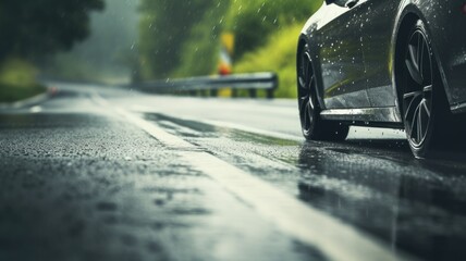 Car driving on a wet road, spray from the tires, highlighting road safety - obrazy, fototapety, plakaty