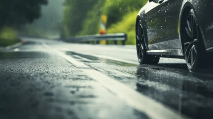 Fotobehang Car driving on a wet road, spray from the tires, highlighting road safety © Artyom