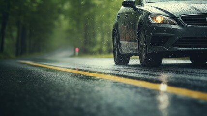 Sports car driving on a wet road, highlighting vehicle performance and safety