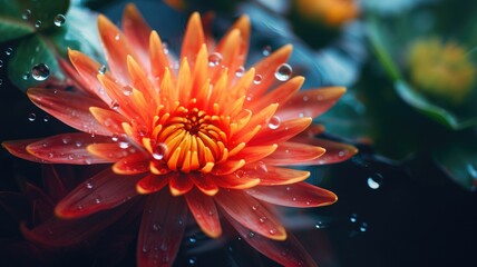 Vibrant orange water lily with raindrops on water surface