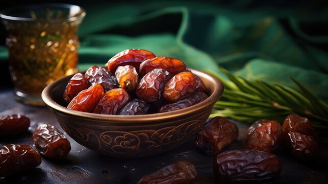 A bowl of dates in a decorative bowl on a dark, textured surface