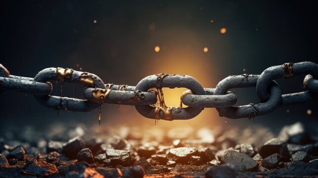 Broken chain with a molten fracture point, symbolizing breaking free