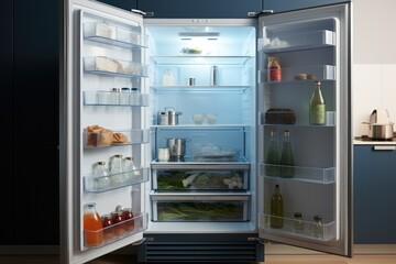 An open cabinet refrigerator, Frozen, Freezing effect, Modern simplicity.