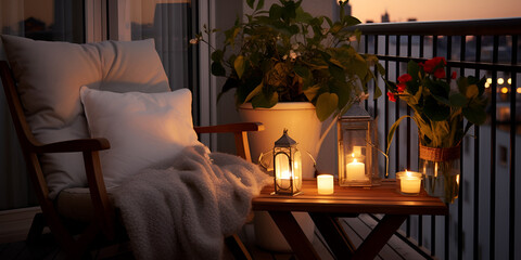 Balcony Design Cute Pillows Decorative Candles And Lighting With Com And Table Armchairs, Chic Balcony Retreat: Design with Cute Pillows, Decorative Candles, and Cozy Lighting