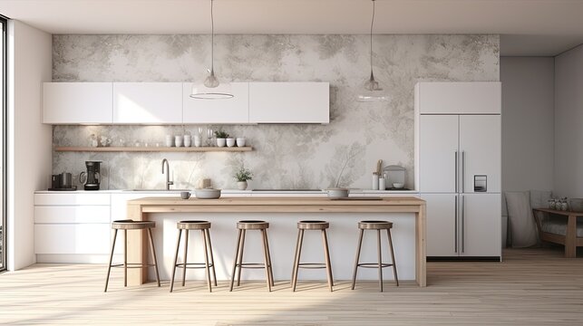 Modern kitchen interior with fridge, table and chairs, wooden floor and sink. Created with Ai