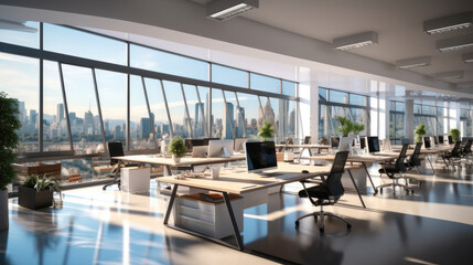 Corner of modern Industrial style open space office with white walls, Rows of computer tables and panoramic windows with cityscape.