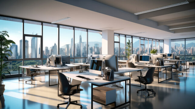 Corner of modern Industrial style open space office with white walls, Rows of computer tables and panoramic windows with cityscape.