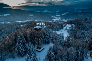 Beskid Sadecki, malnik mountain, observation tower, winter afternoon, sunset-Beskid Sądecki, gora...