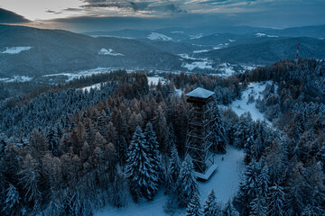Beskid Sadecki, malnik mountain, observation tower, winter afternoon, sunset-Beskid Sądecki, gora malnik, wieza widokowa, zimowe popoludnie, zachod słonca