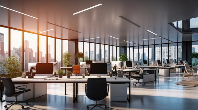Professional modern open plan office background for Zoom, Meeting online.