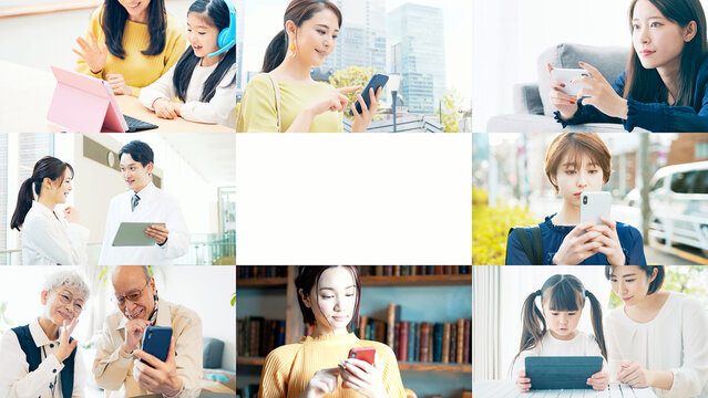 様々なモバイルデバイスを使う人々のコラージュ