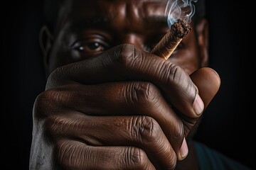 Closeup of a black man's hand holding a fuming cigarette.