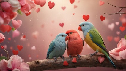Lovebirds and Hearts on Valentine's Day. Generative AI.