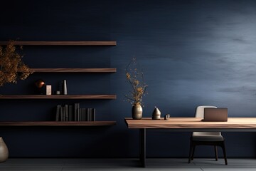 Modern room interior with blue walls, book shelf, wooden table and chair. CReated with Ai