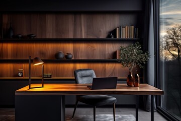Office room interior with wooden wall, shelf, wooden table, chair and window. Created with Ai