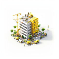 Real estate construction building with white background, isometric, ultrarealistic, summer, small yellow elements of building, cars, people