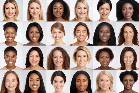 composite portrait of different women headshots, including all ethnic, racial, and geographic types of women in the world on white background