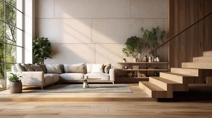 Modern living room with white walls, wooden floor, stairs, sofa and table. Created with Ai