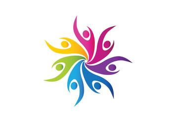 Teamwork seven people around diversity colorful swooshes icon image circle unity voluntary conceptual gardening farm concept logo vector image design