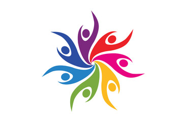 Teamwork seven people around diversity colorful swooshes icon image circle unity voluntary conceptual gardening farm concept logo vector image design