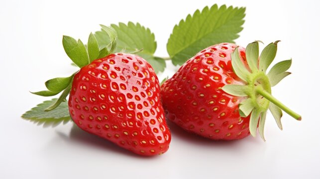 fresh red strawberries: vibrant isolated berries with luscious green leaves on white background - premium stock photo
