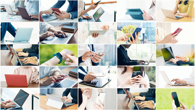 様々なモバイル端末の使用シーンのコラージュ - Powered by Adobe