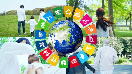 地球環境と家族イメージ　サステナブルな生活　SDGs