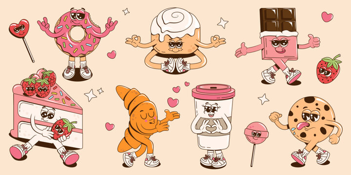 A collection of groovy cheerful desserts characters. Retro cartoon stickers, stamps, patches or mascots for cafe. Funky vector illustration with a donut, cake, chocolate, coffee, croissant and cookie.