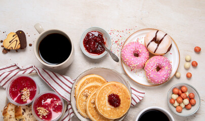 Delicious american dessert table with coffee.