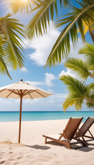 Deck chairs with palm leaves and parasols on a tropical beach with a beautiful sea and clear sky