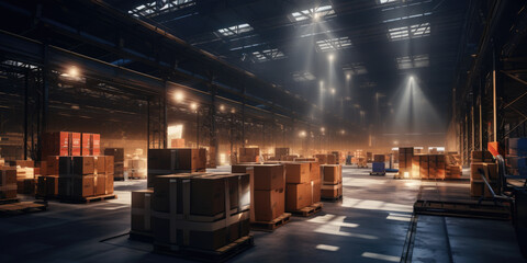 Warehouse with stacks of boxes