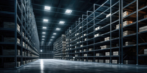 Warehouse with stacks of boxes with storage of retail shop with pallet truck near shelves