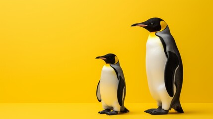Fototapeta premium penguin pair: adorable statuettes on vibrant yellow background, wildlife-inspired decorpenguin pair: adorable statuettes on vibrant yellow background, wildlife-inspired decor