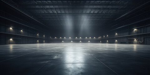 3D empty hall of modern interior of a warehouse - obrazy, fototapety, plakaty