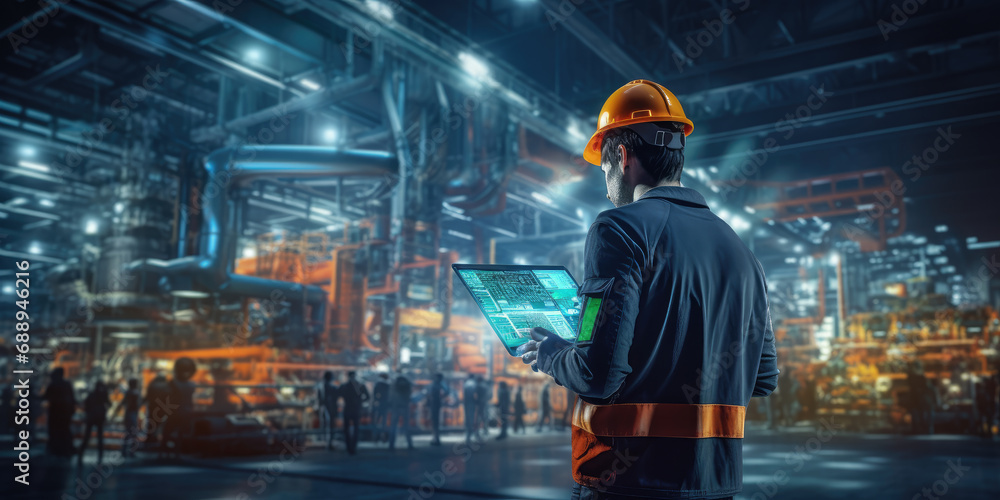 Aufkleber factory engineer in high visibility vest using tablet computer. industrial manufacturing production 