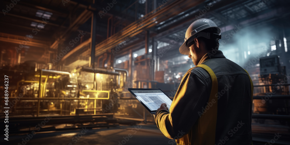 Aufkleber factory engineer in high visibility vest using tablet computer. industrial manufacturing production 