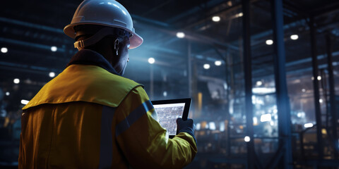 Factory Engineer in High Visibility Vest Using tablet computer. Industrial Manufacturing Production with Robotic Technology