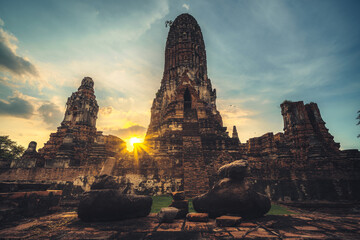 Wat Phra Ram landmark famous temple in Ayutthaya while sunset, Ayutthaya Historical Park. - obrazy, fototapety, plakaty