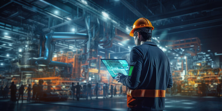 Factory Engineer in High Visibility Vest Using tablet computer. Industrial Manufacturing Production with Robotic Technology - Powered by Adobe