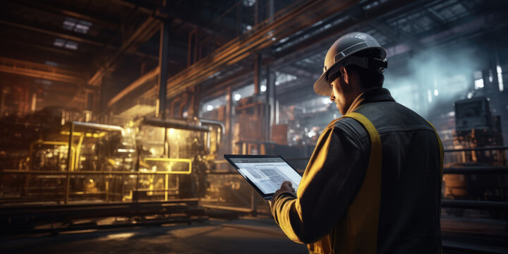 Factory Engineer in High Visibility Vest Using tablet computer. Industrial Manufacturing Production with Robotic Technology