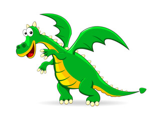 Obraz premium Cute cartoon green dragon. Green dragon on a white background. Funny fairy tale character. Green dinosaur