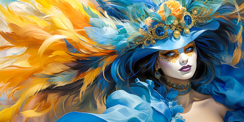 Vibrant portrayal of a woman adorned in a carnival hat, brimming with blue and orange feathers, suggesting a lively festivity atmosphere akin to a masquerade or theatrical event