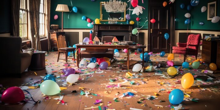 After the festivities wind down, the post-party clean-up commences, involving the meticulous task of tidying up the room and eliminating the remnants of celebration scattered across the floor. 