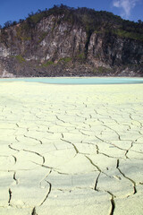 Mudcracks in the sulphur mud at White Crater or Kawah Putih, a volcanic sulfur crater lake in a...