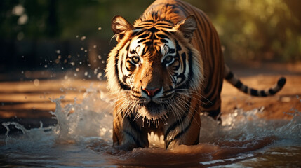Fototapeta na wymiar Endangered Tiger in the Jungle Drinking Water