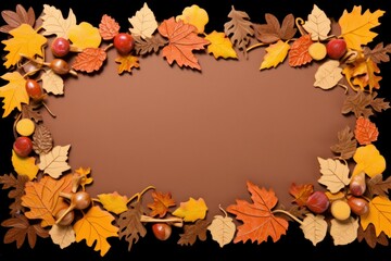 Naklejka na ściany i meble Autumn Leaves on Brown Background, Offering Text Space. Top View Landscape Generative AI