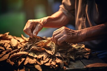 Closeup of hands making cigar from tobacco leaves. Traditional manufacture of cigars.  - obrazy, fototapety, plakaty