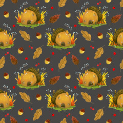 seamless pattern of small forest houses and autumn leaves on a colored background